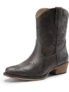 Women's Grey Patent Pull On Low Chunky Heel Square Toe Cowgirl Boot Shoes